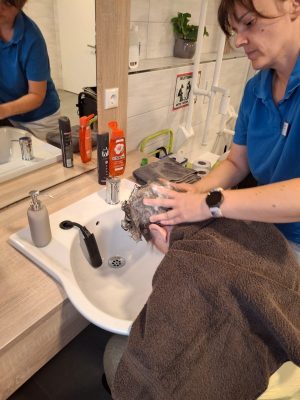 Haarwäsche einer Seniorin durch Pflegekraft in Leipzig-Stötteritz